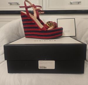 Gucci Red Leather Wedge Sandals with Striped Platform and Gold GG